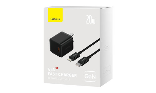 Baseus GaN5 20W Fast Charger for iPhone – Type-C to Lightning (1m) – Black