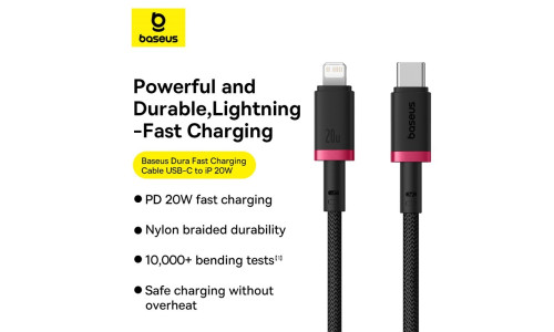 Baseus Dura Series 20W Fast Charging Cable Type-C to Lightning 1m – Red+Black